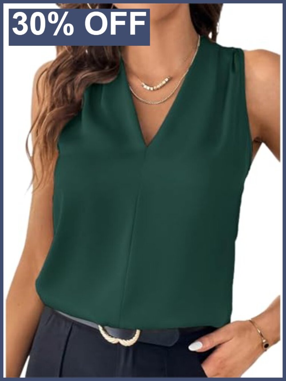 Sleeveless Pleated V Neck Business Casual Tank Top Loose Fit